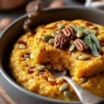 A creamy bowl of pumpkin spice protein polenta topped with pecans and maple syrup.