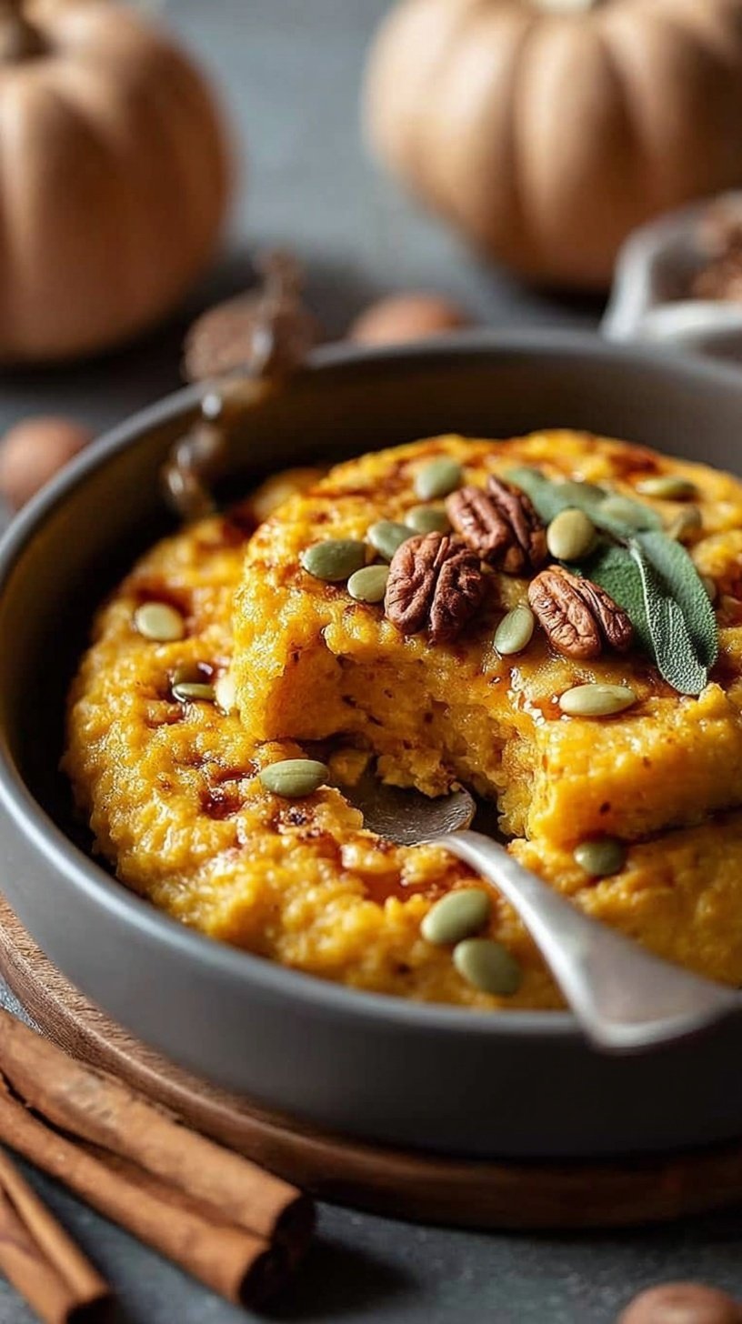 A creamy bowl of pumpkin spice protein polenta topped with pecans and maple syrup.