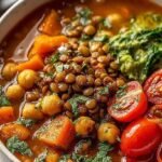A colorful harvest lentil bowl with roasted sweet potatoes, green lentils, and kale