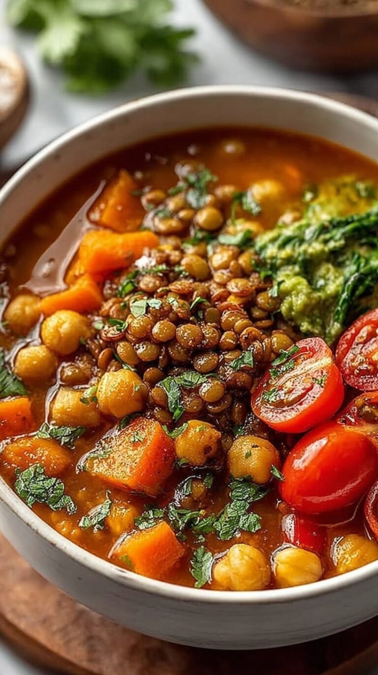A colorful harvest lentil bowl with roasted sweet potatoes, green lentils, and kale