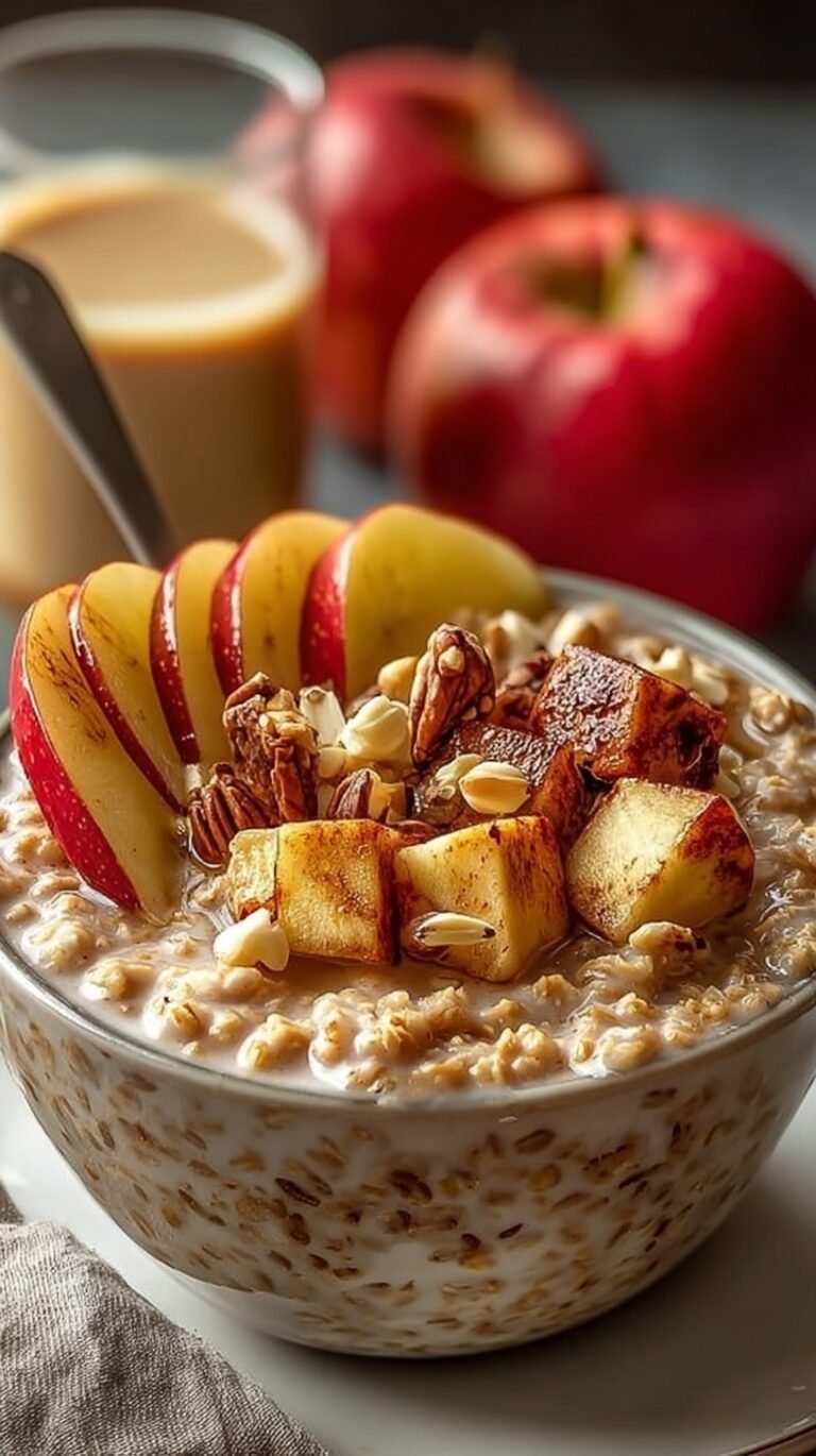 A glass jar filled with creamy overnight oats, diced apples, and chai spices on a wooden table.