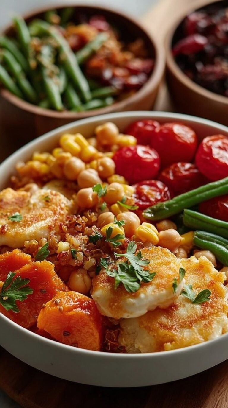 Four glass meal prep containers filled with roasted chicken, sweet potatoes, Brussels sprouts, quinoa, and kale.