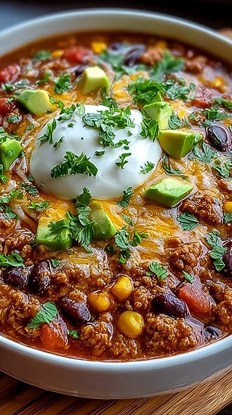 A bowl of creamy taco soup topped with shredded cheese and fresh cilantro
