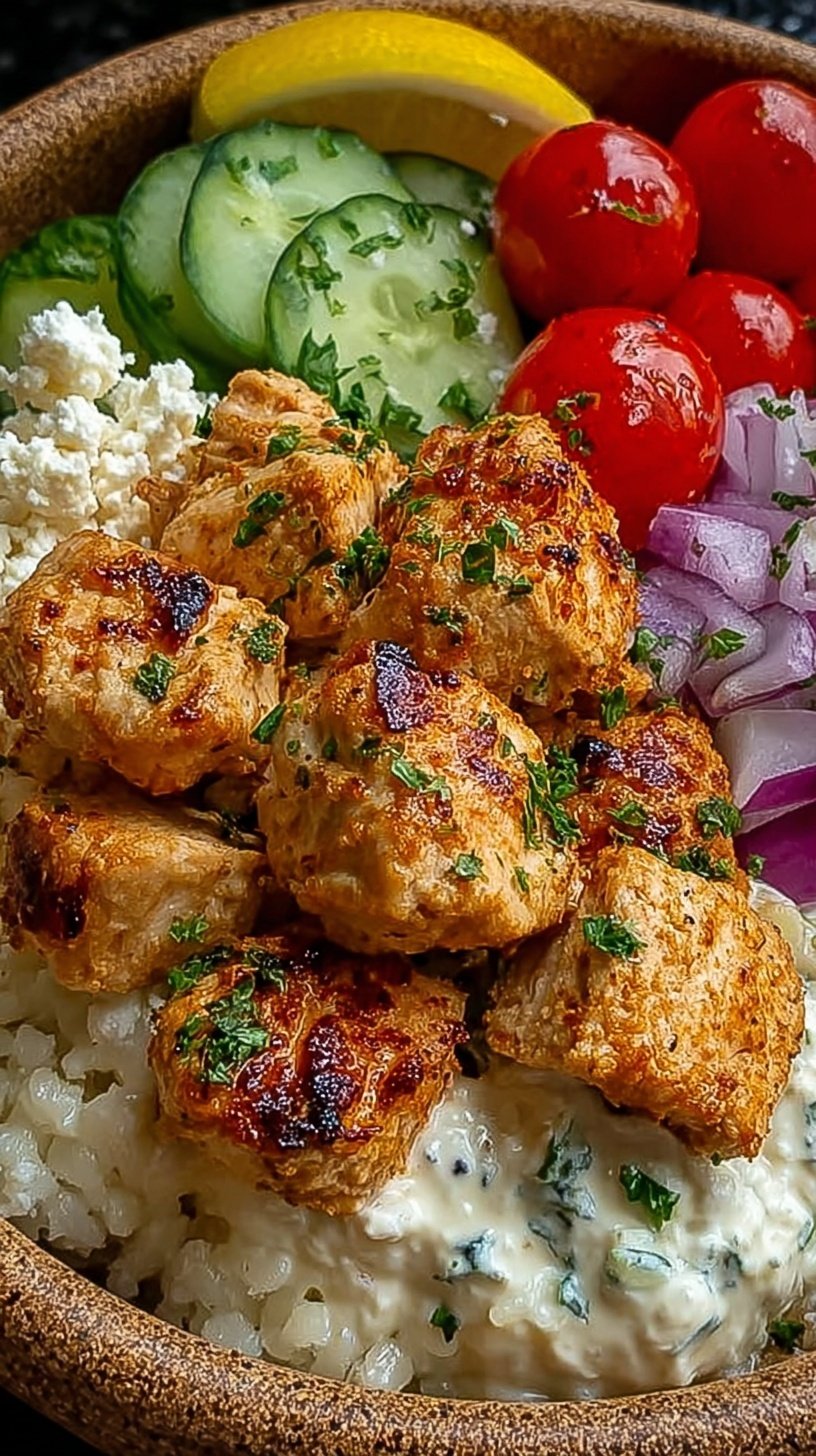A fresh Greek chicken bowl with grilled chicken, quinoa, cucumber, tomatoes, and tzatziki sauce.
