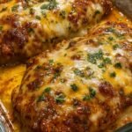 A 9x9 baking dish filled with creamy orange firecracker chicken topped with melted white mozzarella cheese and fresh green onions.