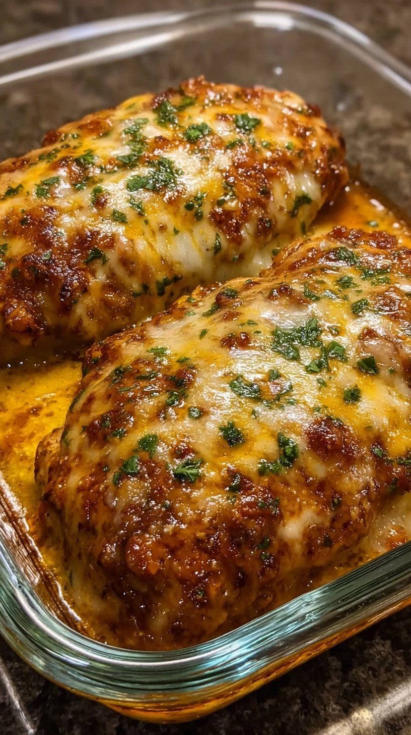 A 9x9 baking dish filled with creamy orange firecracker chicken topped with melted white mozzarella cheese and fresh green onions.