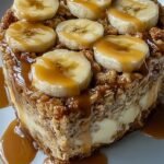 A golden brown oatmeal breakfast bake sliced into squares in a ceramic baking dish.