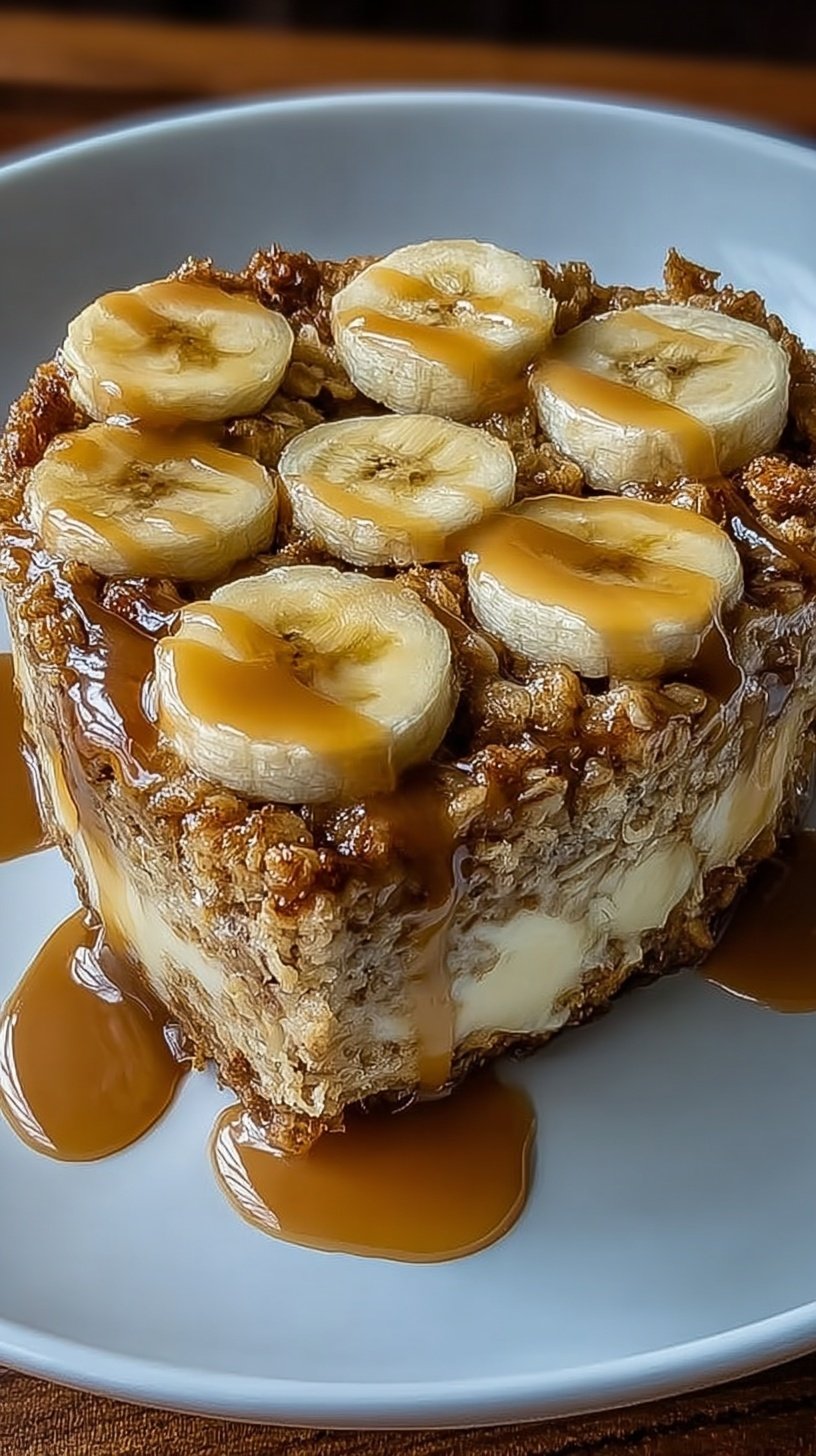 A golden brown oatmeal breakfast bake sliced into squares in a ceramic baking dish.