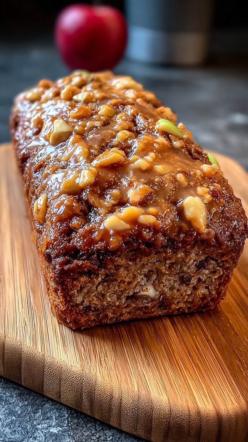 A sliced apple cinnamon breakfast loaf on a wire rack with fresh apples nearby