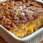A golden brown cinnamon sugar oat breakfast bake in a square dish with a crunchy topping.