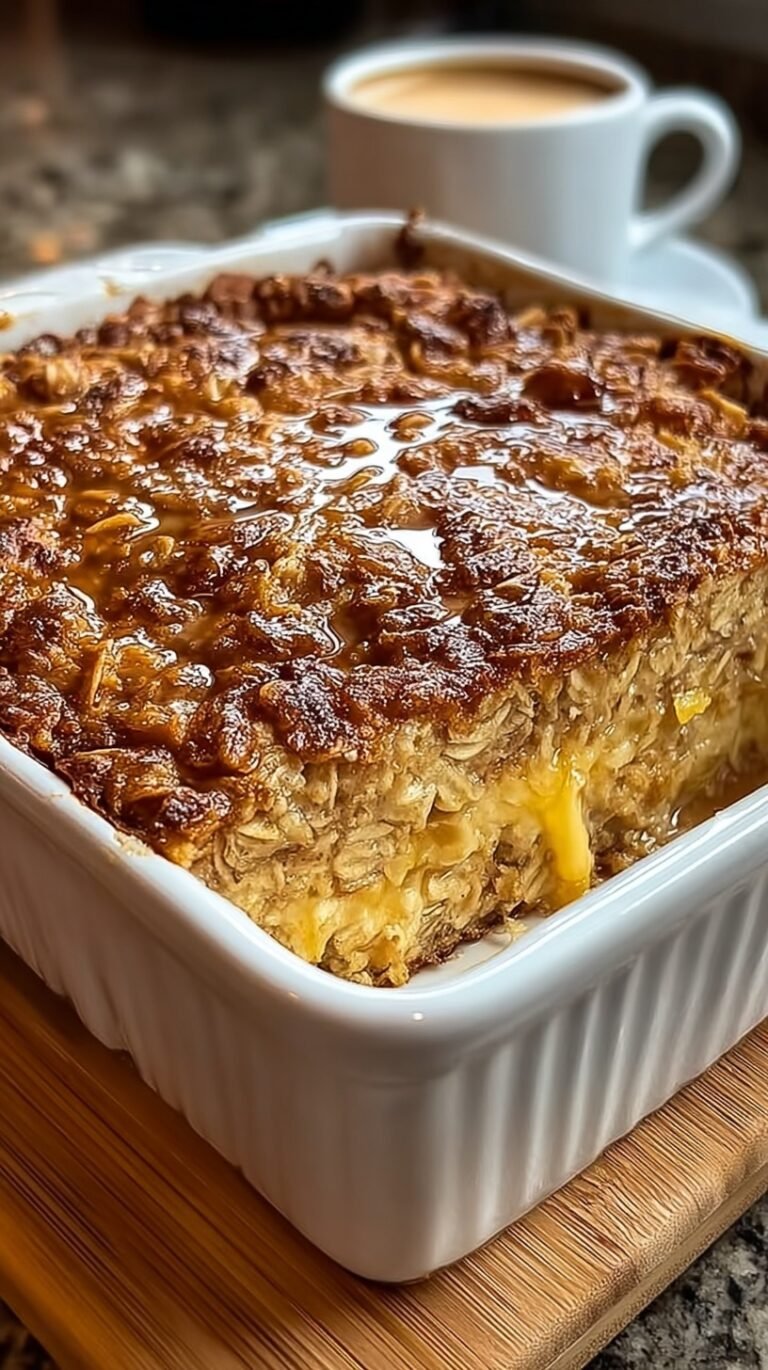 A golden brown cinnamon sugar oat breakfast bake in a square dish with a crunchy topping.