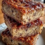 Nine golden brown banana oat protein squares in a square baking dish.