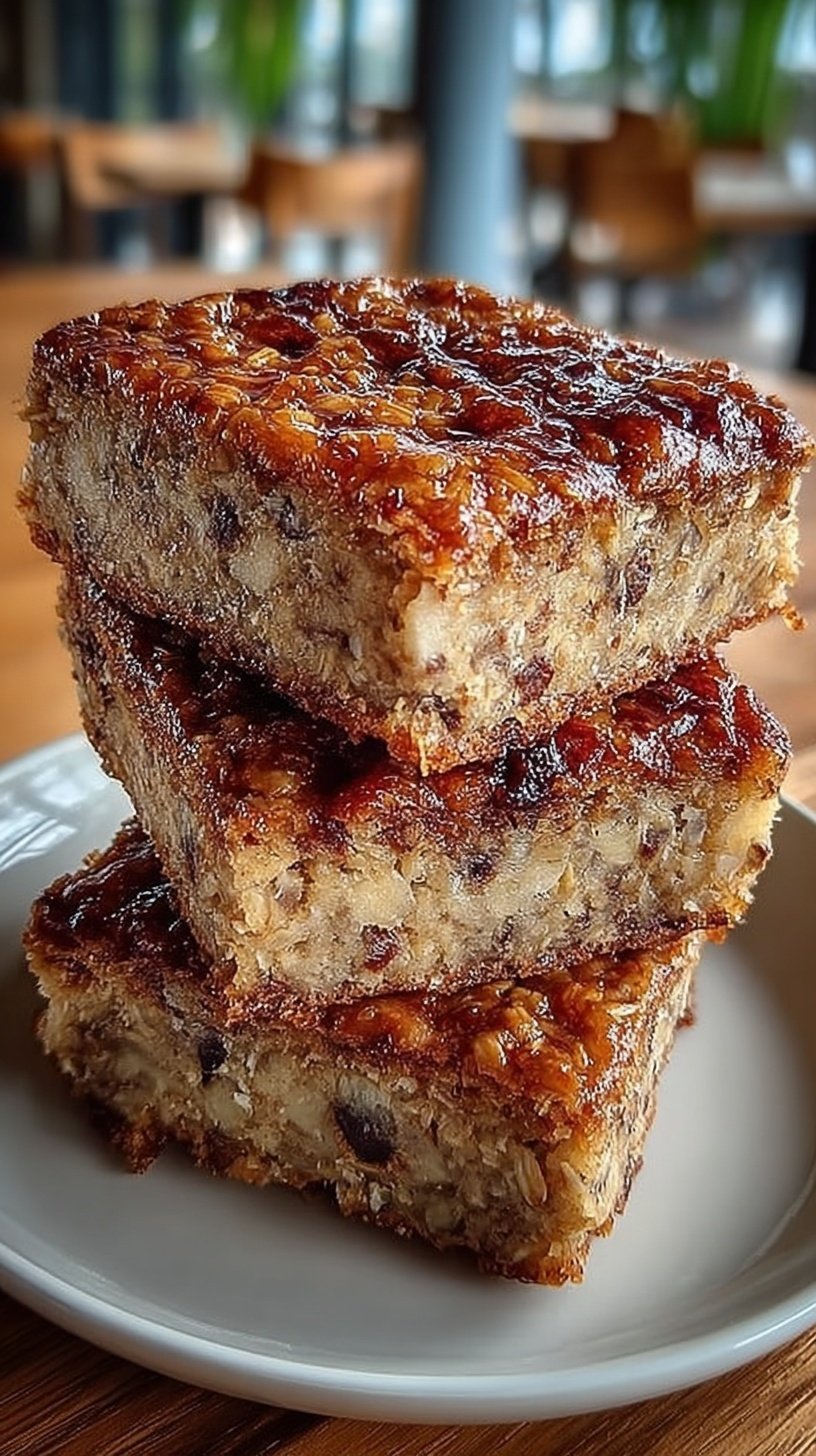 Nine golden brown banana oat protein squares in a square baking dish.
