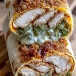 Golden brown chicken smash wrap with melted cheese, pickles, and ranch dressing on a white plate.