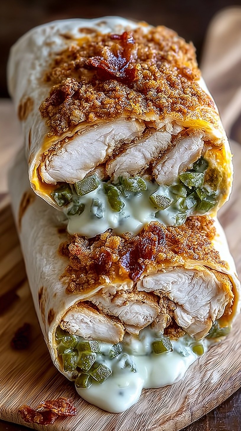 Golden brown chicken smash wrap with melted cheese, pickles, and ranch dressing on a white plate.