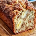 A golden brown banana cinnamon tea loaf sliced on a wooden board with a dusting of cinnamon.