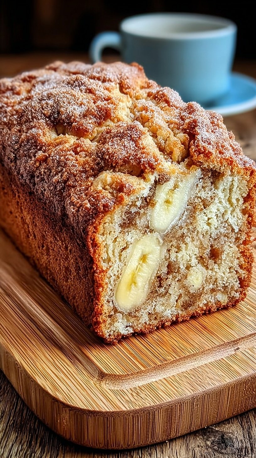A golden brown banana cinnamon tea loaf sliced on a wooden board with a dusting of cinnamon.