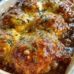 Golden brown honey mustard chicken breasts in a glass baking dish garnished with fresh parsley