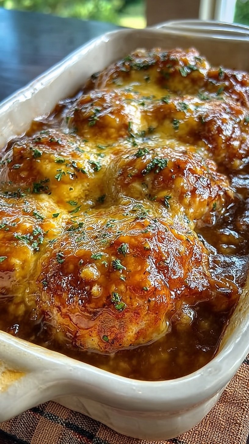 Golden brown honey mustard chicken breasts in a glass baking dish garnished with fresh parsley