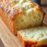 A thick slice of vanilla breakfast loaf showing a creamy white swirl in the center on a white plate.