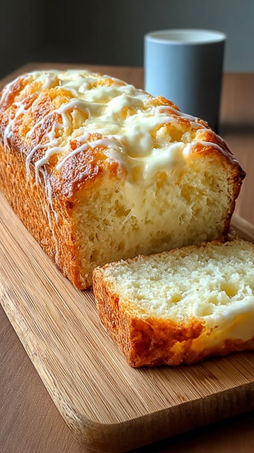 A thick slice of vanilla breakfast loaf showing a creamy white swirl in the center on a white plate.