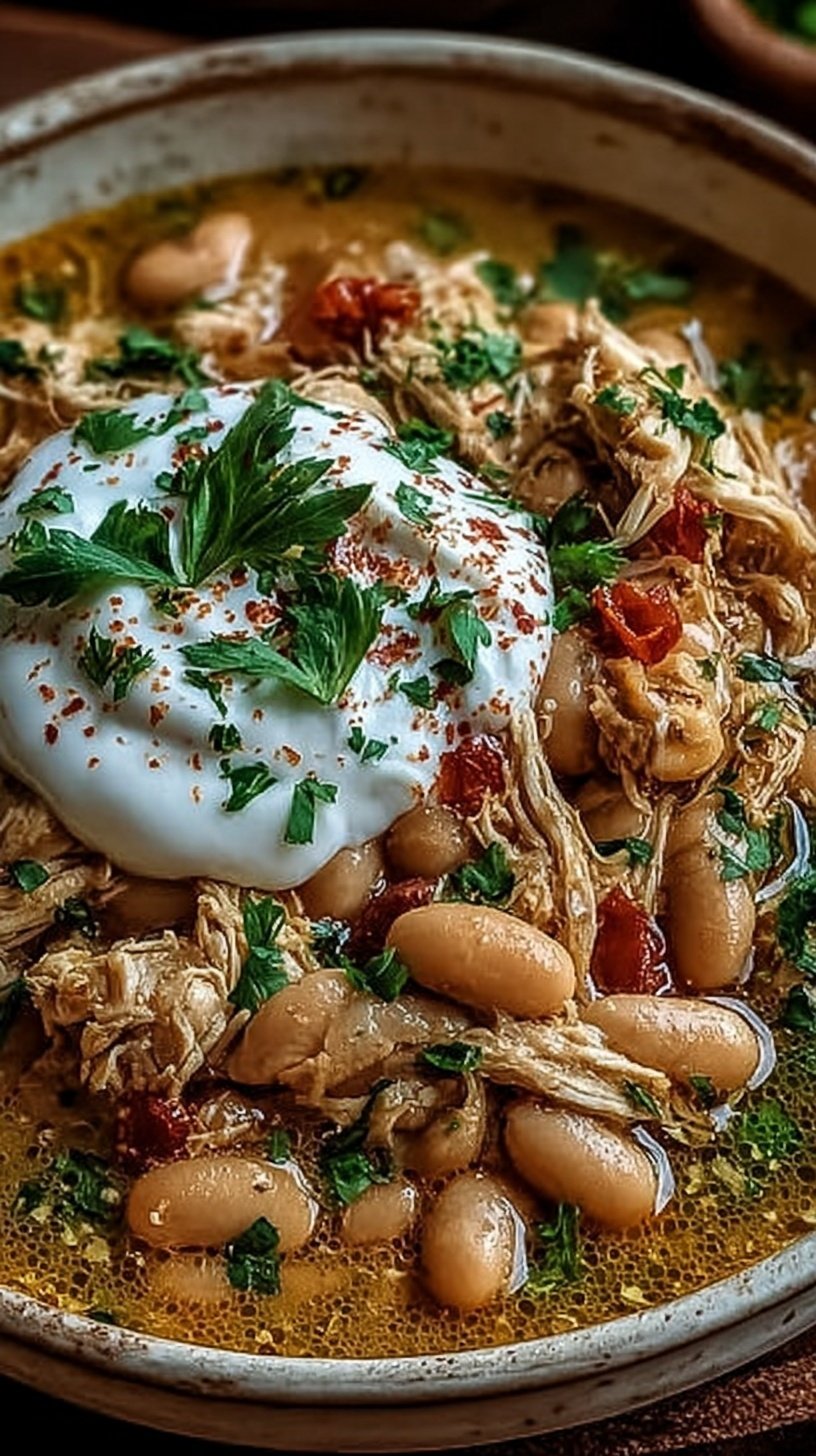 A bowl of creamy white chicken chili topped with cilantro and lime wedges.