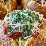 Golden brown bread bowls filled with sauced spaghetti and melted mozzarella cheese on a baking sheet.