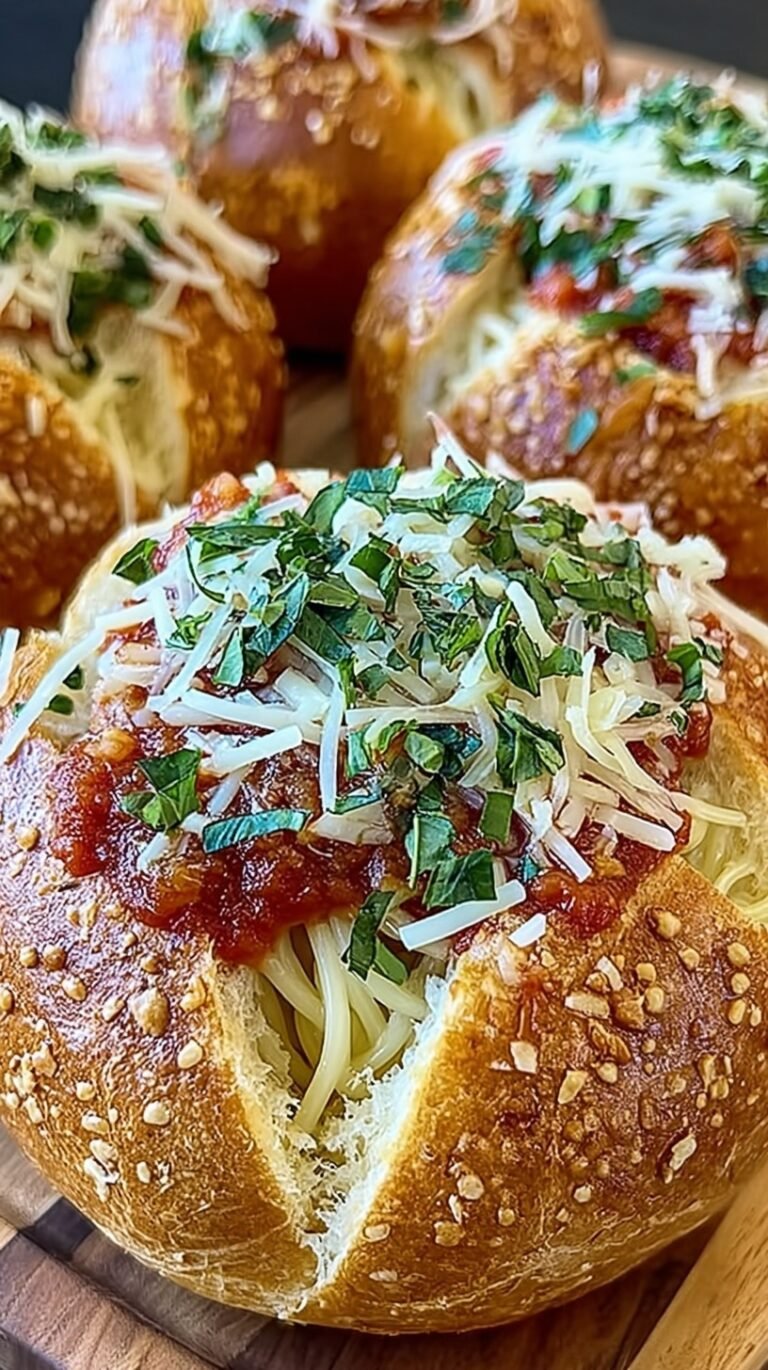 Golden brown bread bowls filled with sauced spaghetti and melted mozzarella cheese on a baking sheet.