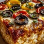 A golden brown pizza cottage cheese bake in a square dish topped with pepperoni and green peppers.
