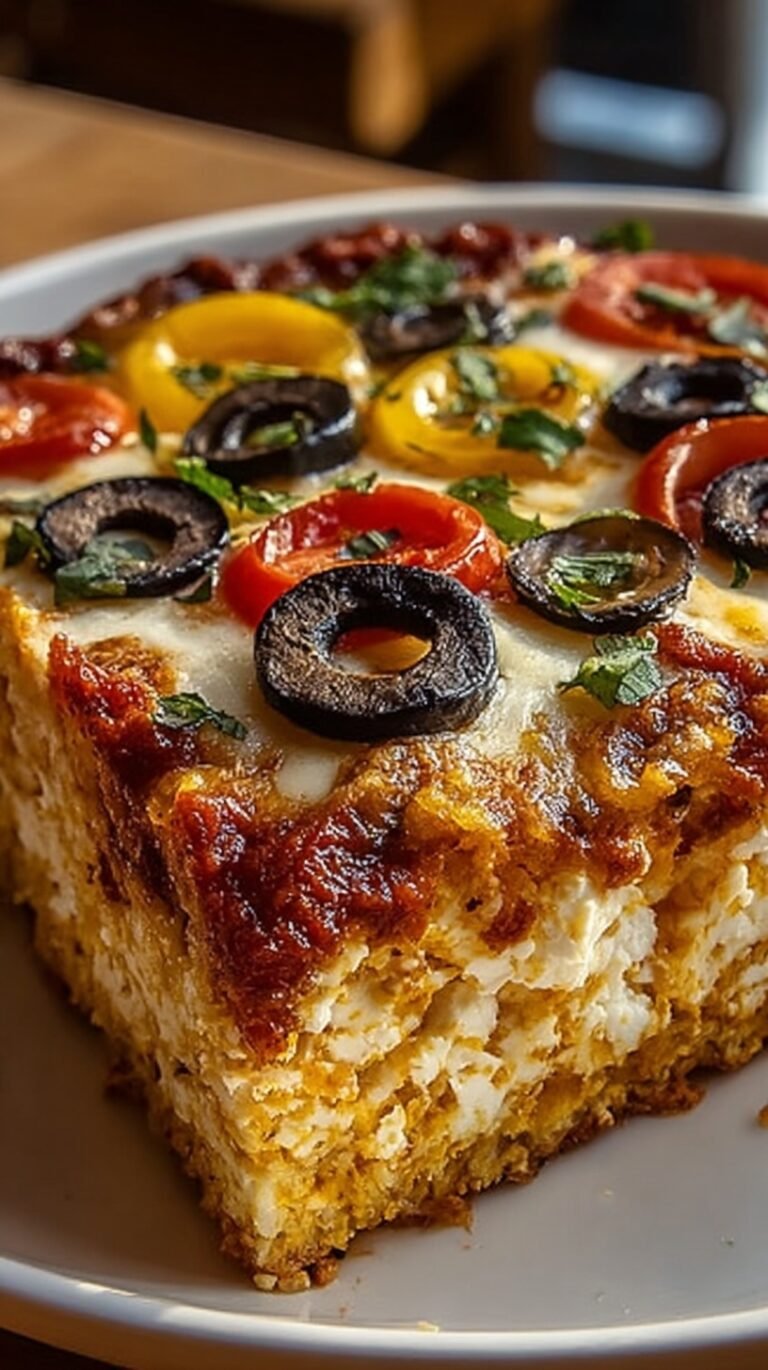 A golden brown pizza cottage cheese bake in a square dish topped with pepperoni and green peppers.