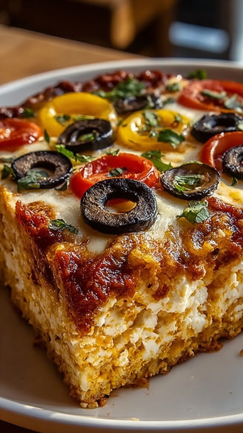 A golden brown pizza cottage cheese bake in a square dish topped with pepperoni and green peppers.
