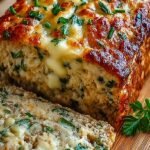 A sliced garlic parmesan chicken meatloaf in a loaf pan with fresh parsley garnish.