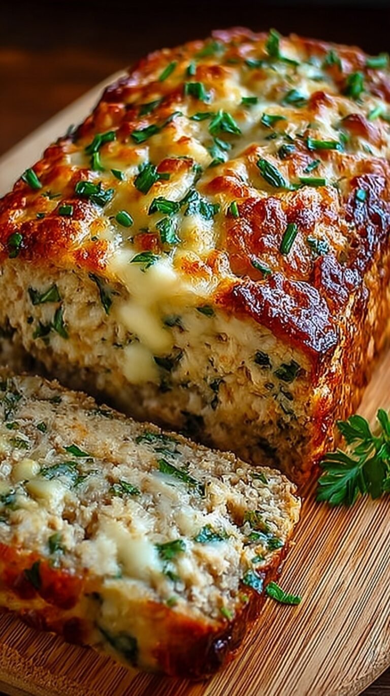 A sliced garlic parmesan chicken meatloaf in a loaf pan with fresh parsley garnish.