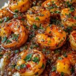 Sizzling honey garlic shrimp in a skillet with a glossy glaze and green onion garnish