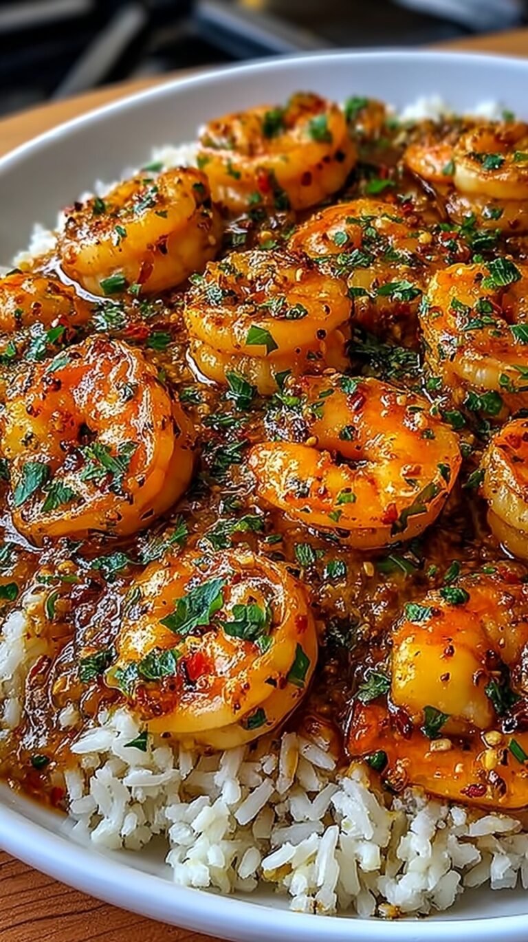 Sizzling honey garlic shrimp in a skillet with a glossy glaze and green onion garnish