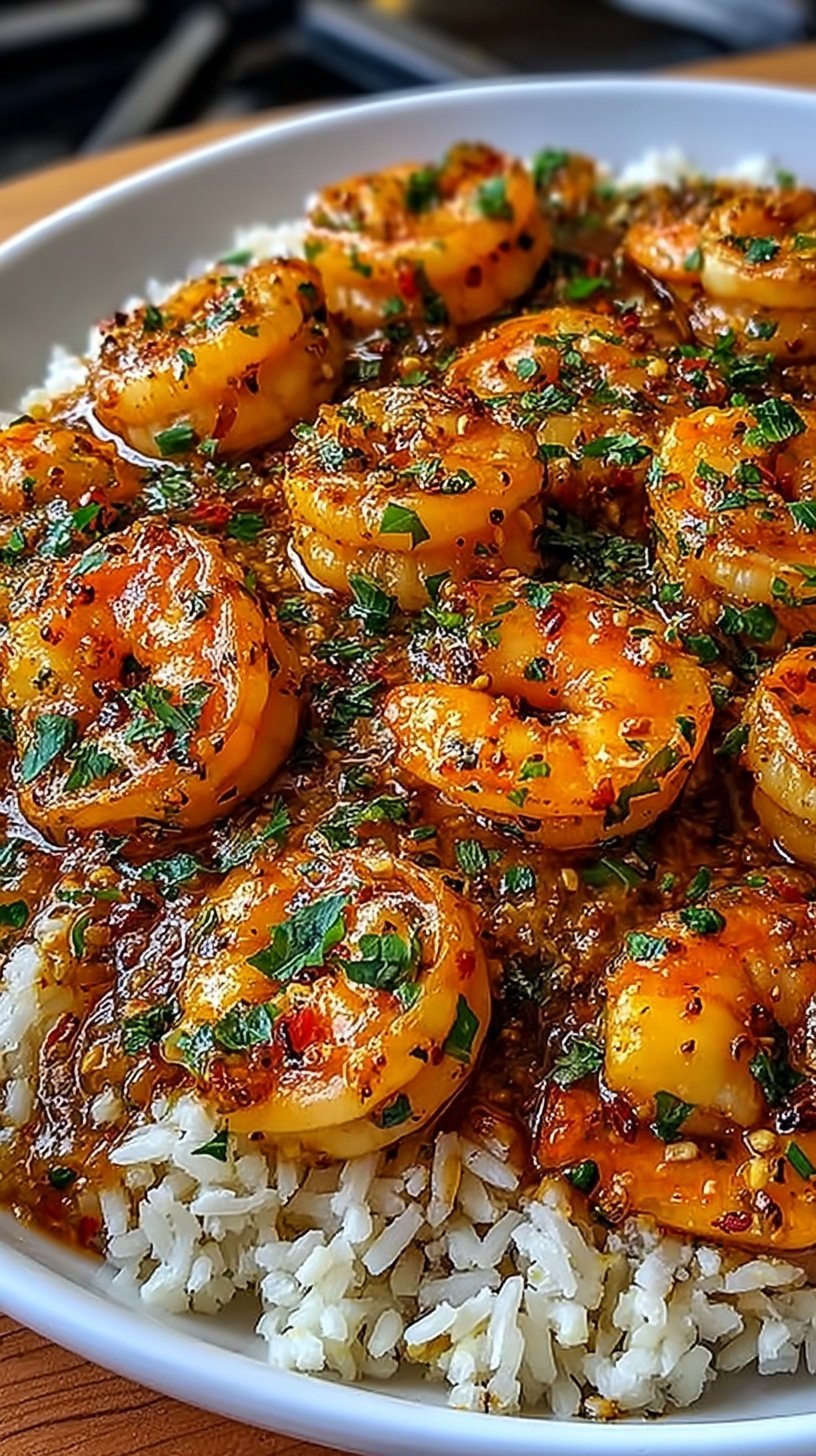 Sizzling honey garlic shrimp in a skillet with a glossy glaze and green onion garnish