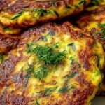 Golden brown crispy zucchini fritters stacked on a plate with a side of yogurt dip