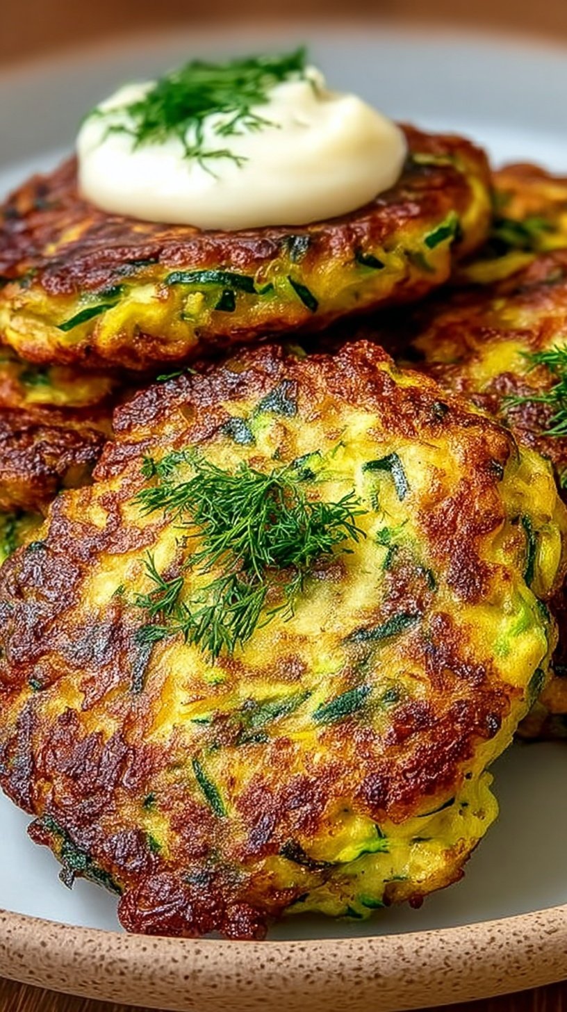 Golden brown crispy zucchini fritters stacked on a plate with a side of yogurt dip