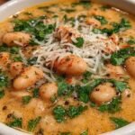 A bowl of creamy white bean soup topped with fresh spinach and a drizzle of olive oil