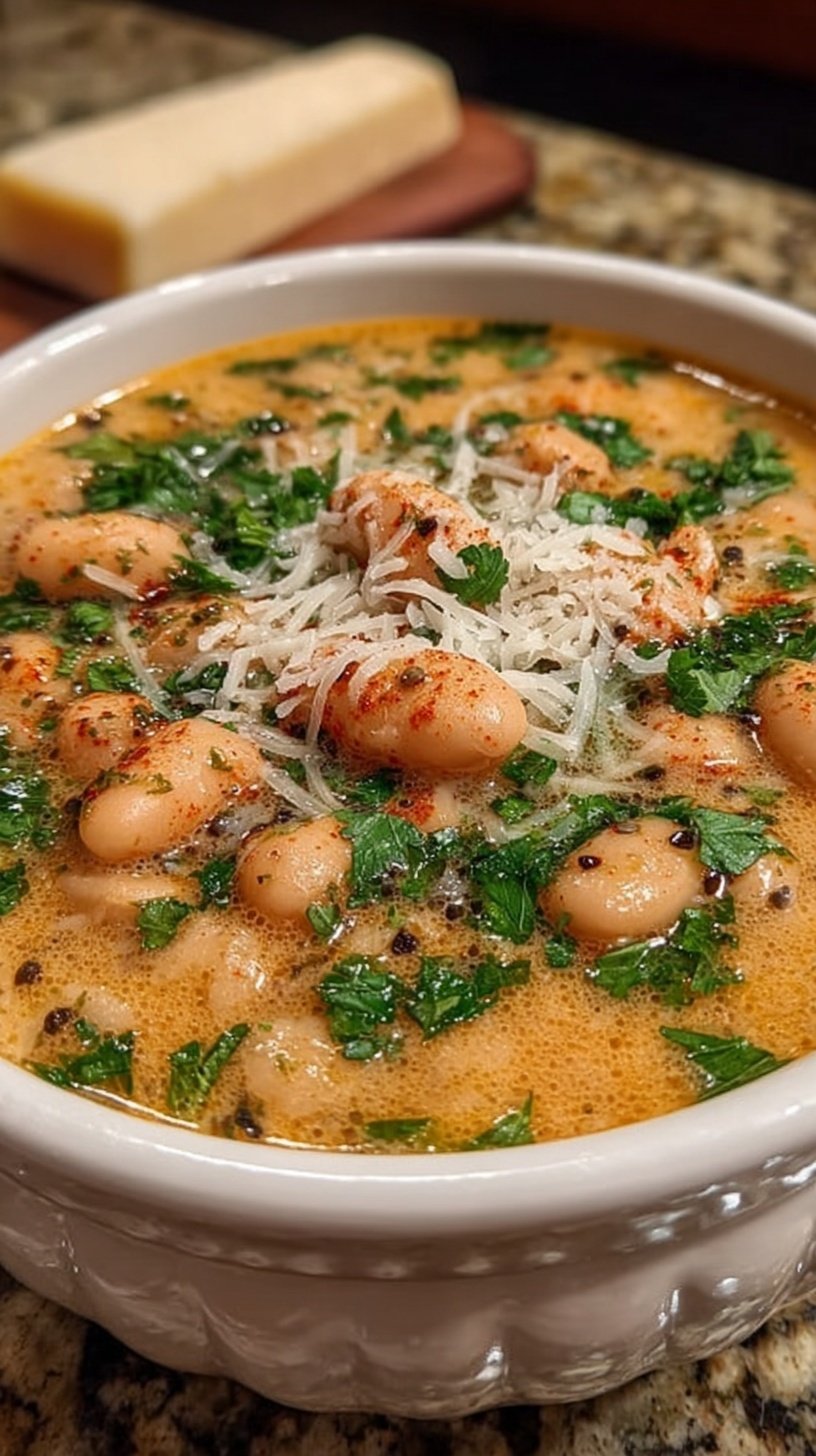 A bowl of creamy white bean soup topped with fresh spinach and a drizzle of olive oil