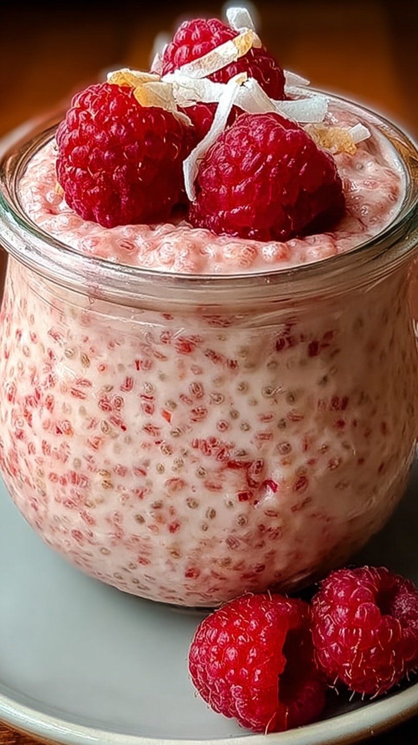 A glass jar filled with pink raspberry chia pudding topped with fresh berries