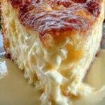 Six ramekins of creamy white chocolate custard sitting in a water bath inside a roasting pan.