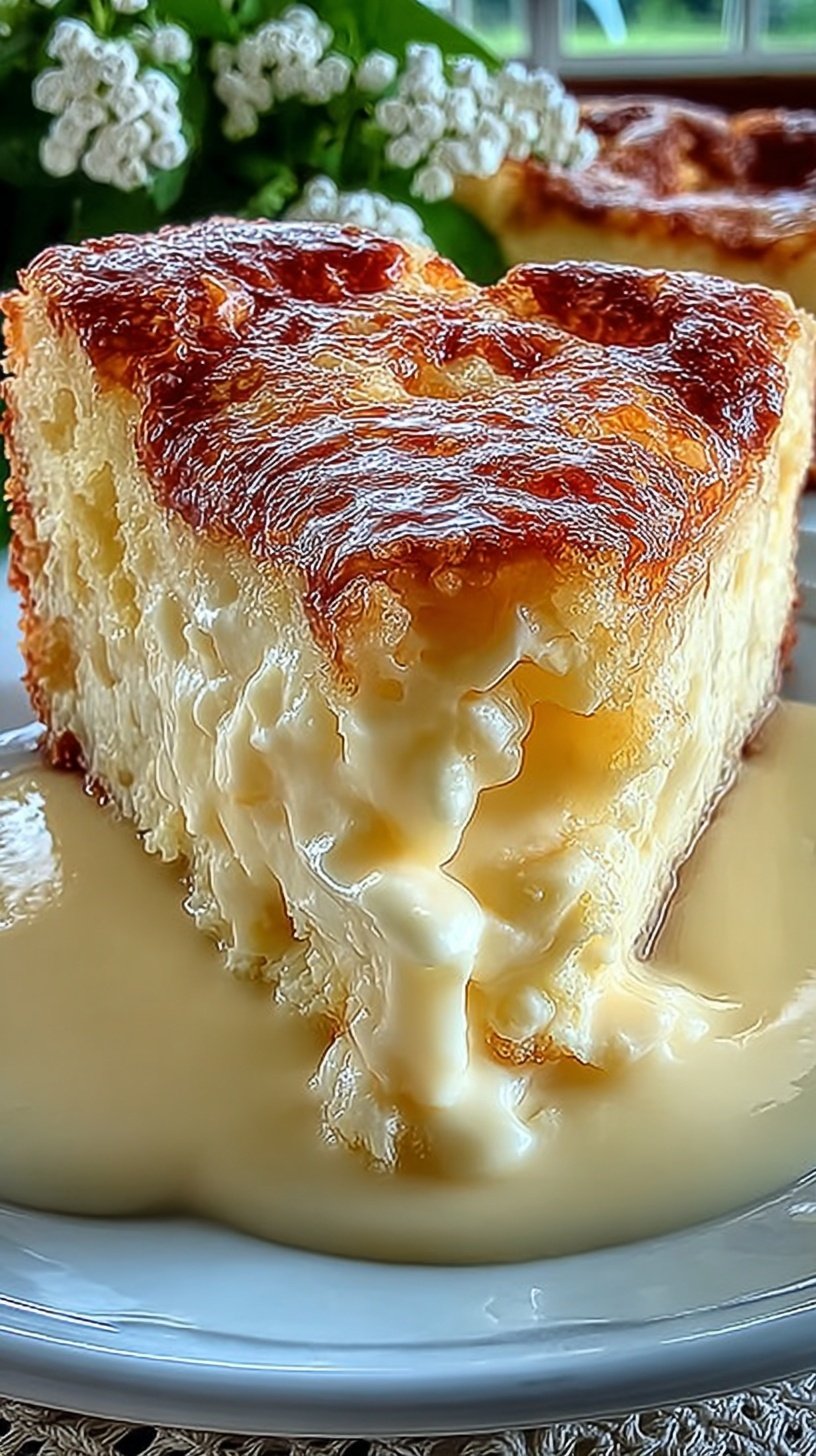 Six ramekins of creamy white chocolate custard sitting in a water bath inside a roasting pan.