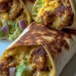 Golden brown toasted chicken wraps filled with melted cheese and shredded chicken on a white plate.