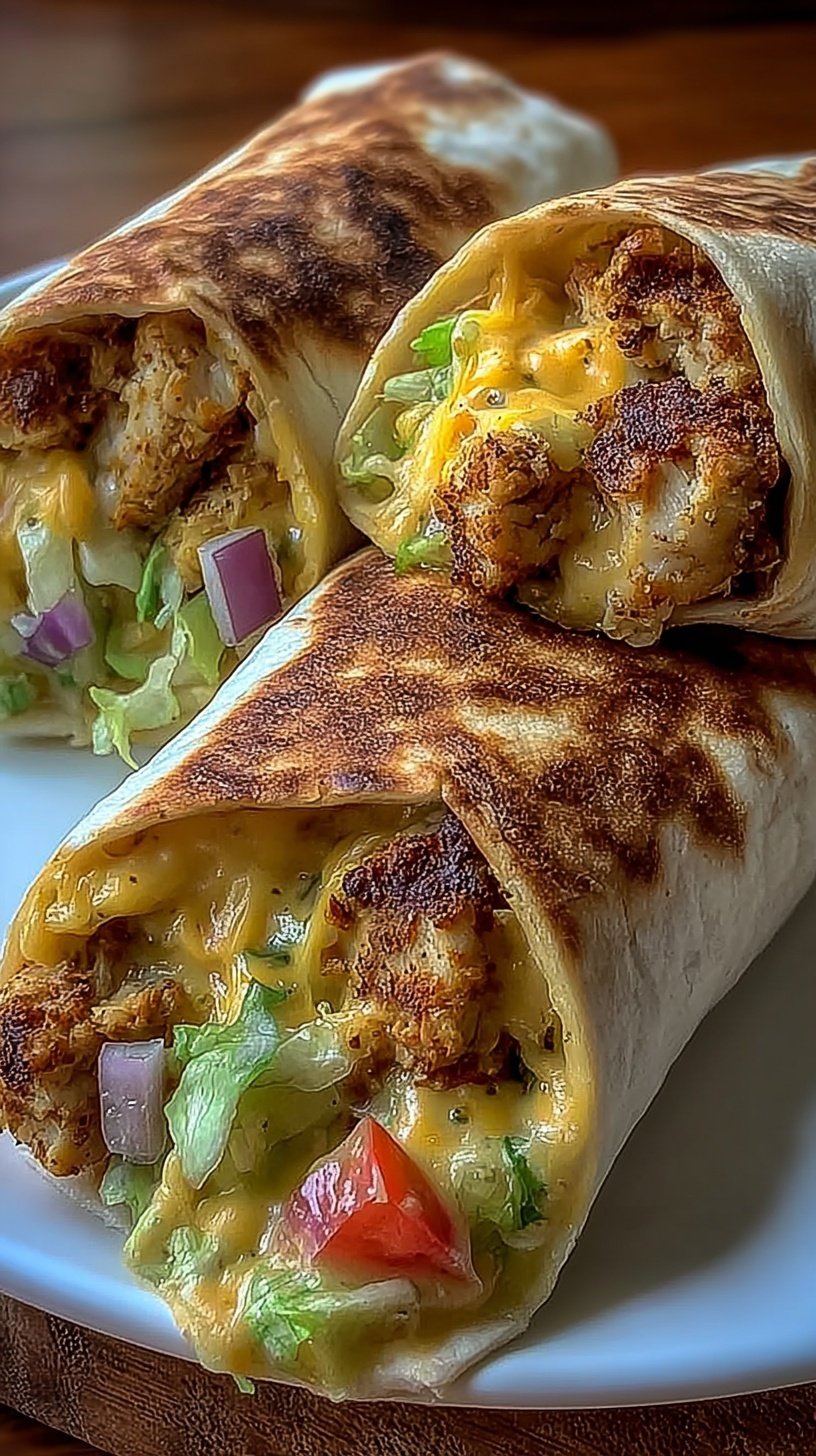 Golden brown toasted chicken wraps filled with melted cheese and shredded chicken on a white plate.