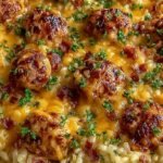 A skillet of creamy chicken and rice topped with melted Swiss cheese and crispy fried onions.