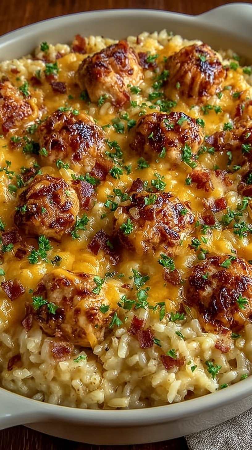 A skillet of creamy chicken and rice topped with melted Swiss cheese and crispy fried onions.