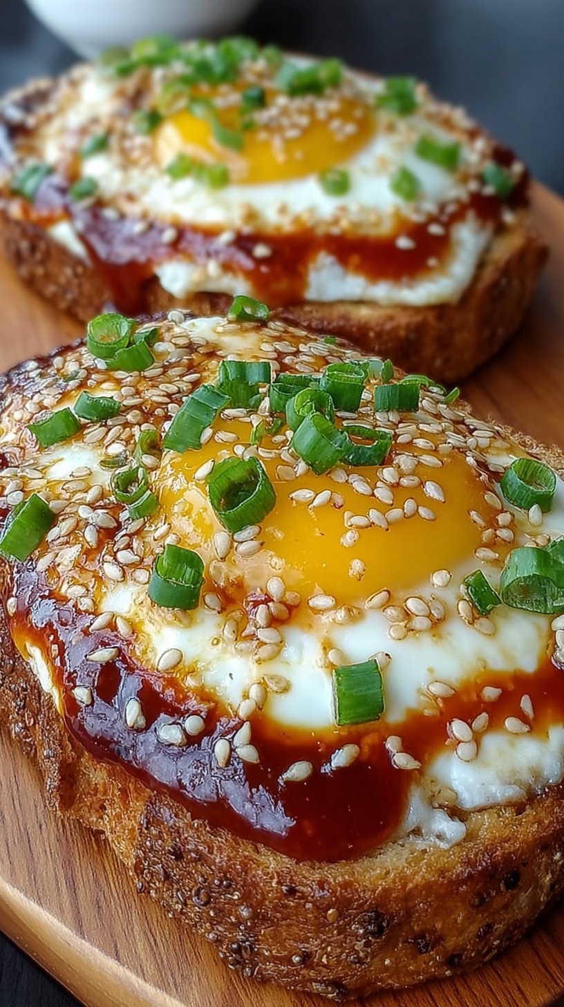 A slice of golden whole grain toast topped with creamy cottage cheese, a sliced jammy egg, and a drizzle of spicy sriracha.