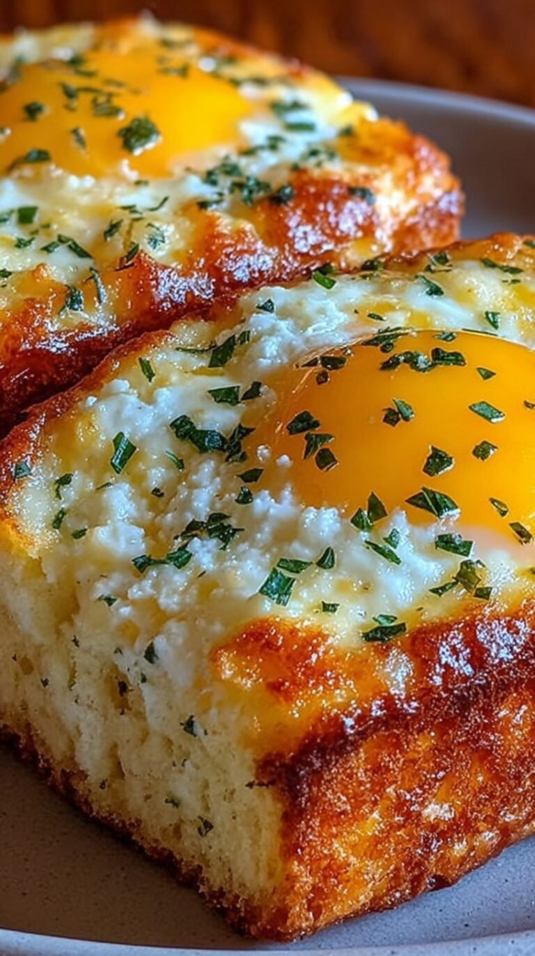 Two golden, puffed baked cottage cheese eggs in white ramekins topped with fresh chives.