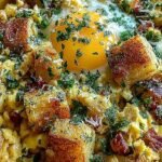 A skillet filled with golden crispy potatoes, fluffy scrambled eggs, and melted cheddar cheese topped with fresh chives.